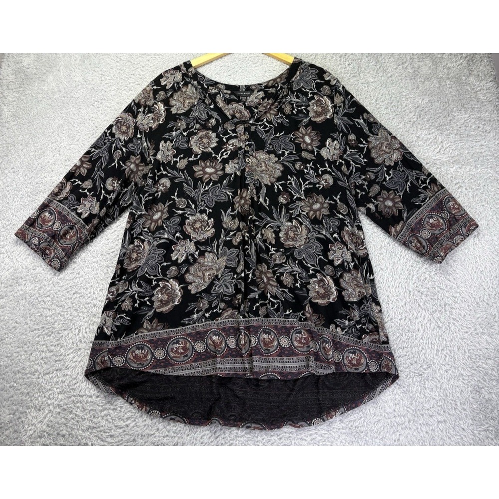 Lucky Brand Womens 2X Floral Tunic Black V Neck Viscose Peasant Boho Plus Size - Picture 5 of 11
